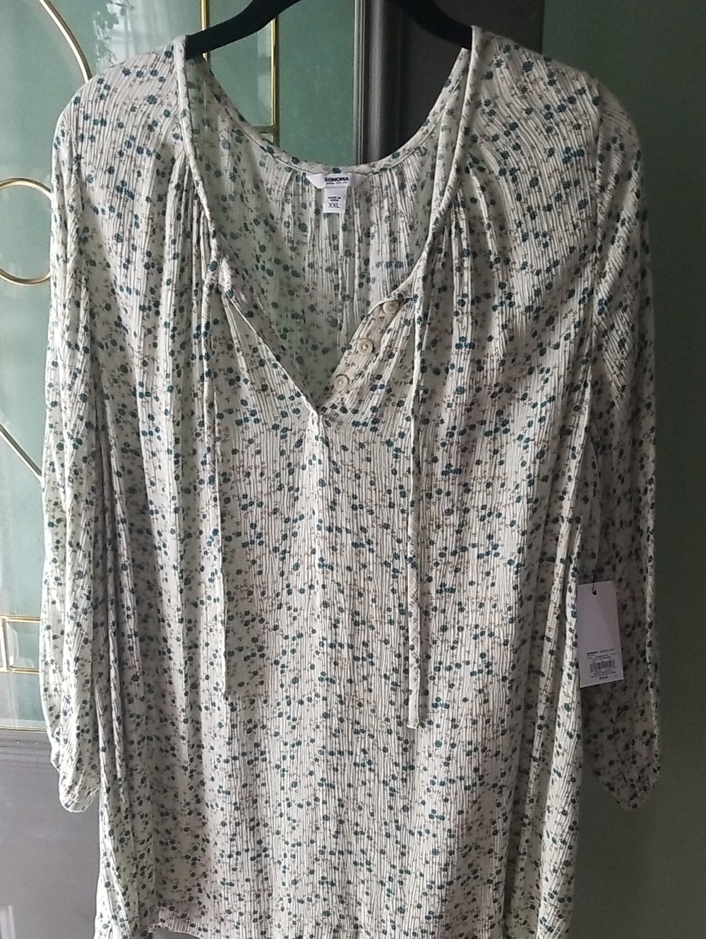 Sonoma Cream Floral Peasant Tunic with Blue-Green Print